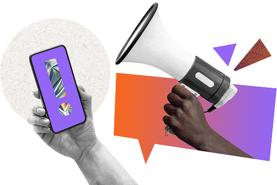 Eine Illustration, die links eine Hand mit einem Smartphone und einem Ausrufezeichen auf dem Display zeigt und rechts eine Hand mit einem Megaphon.